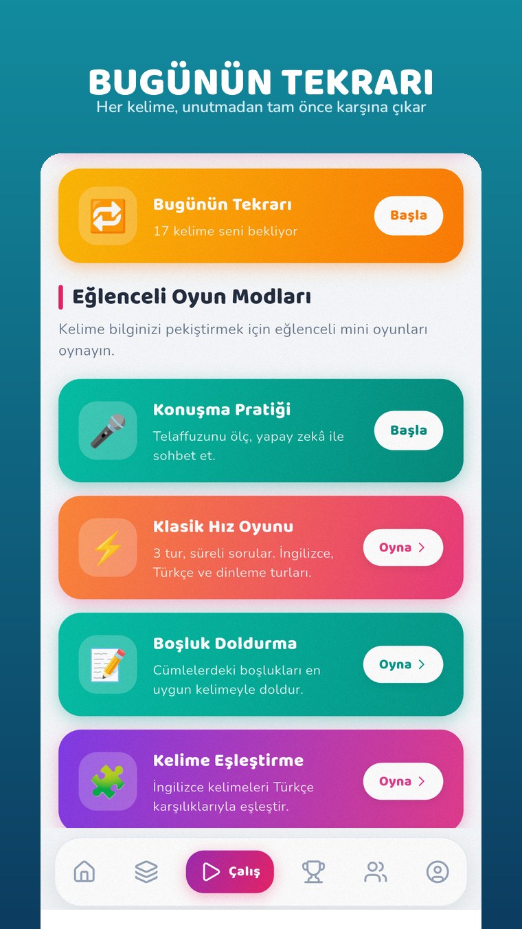Çalış ekranındaki Bugünün Tekrarı kartı ve oyun modları